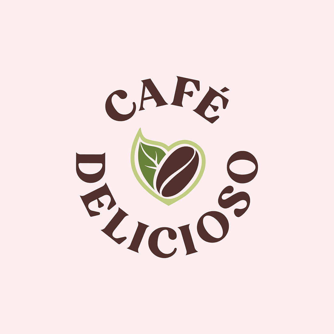 Logo of Café Delicioso, featuring a coffee bean and leaf design, set against a soft pink background.