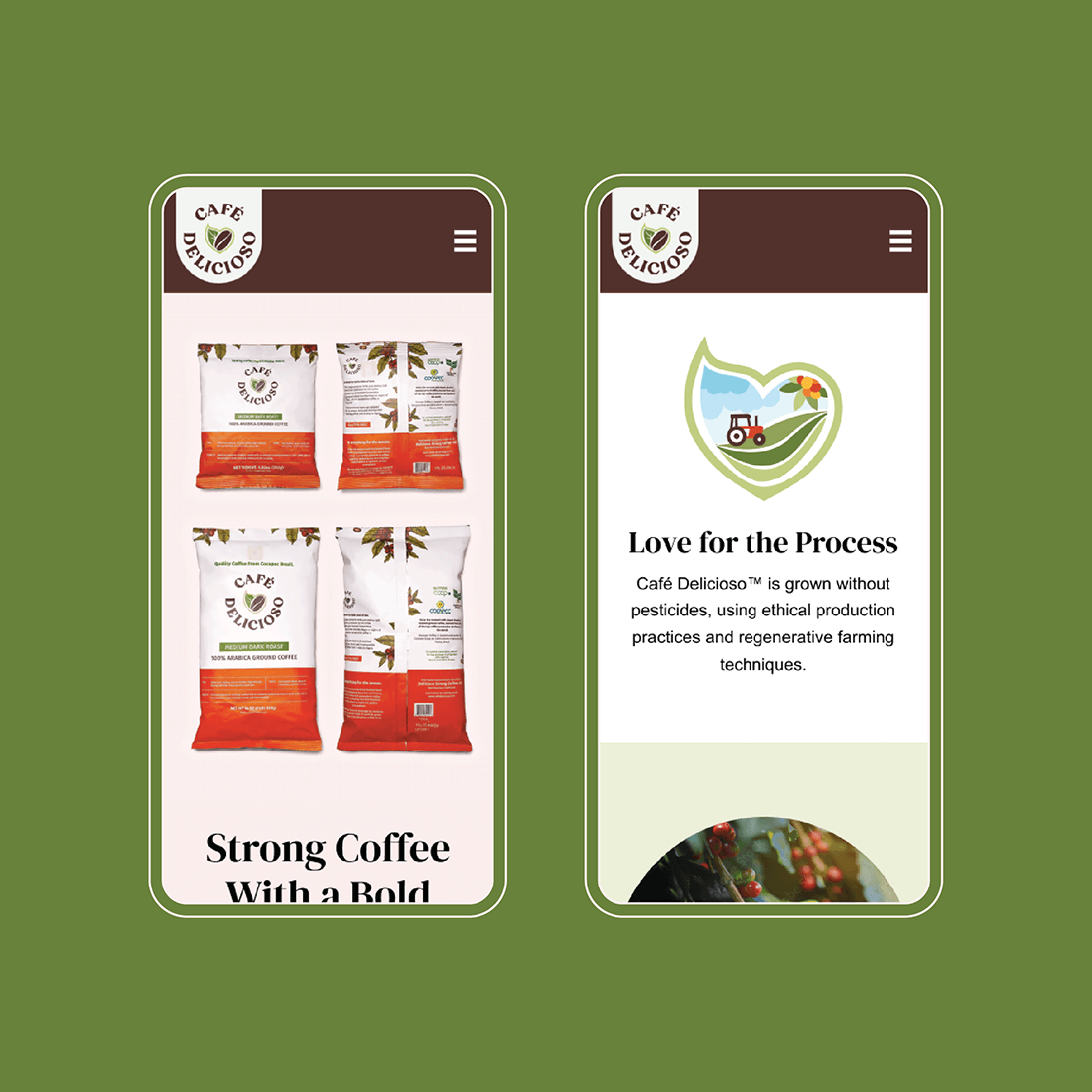 Two mobile screens showcasing Café Delicioso’s website, on a green background.