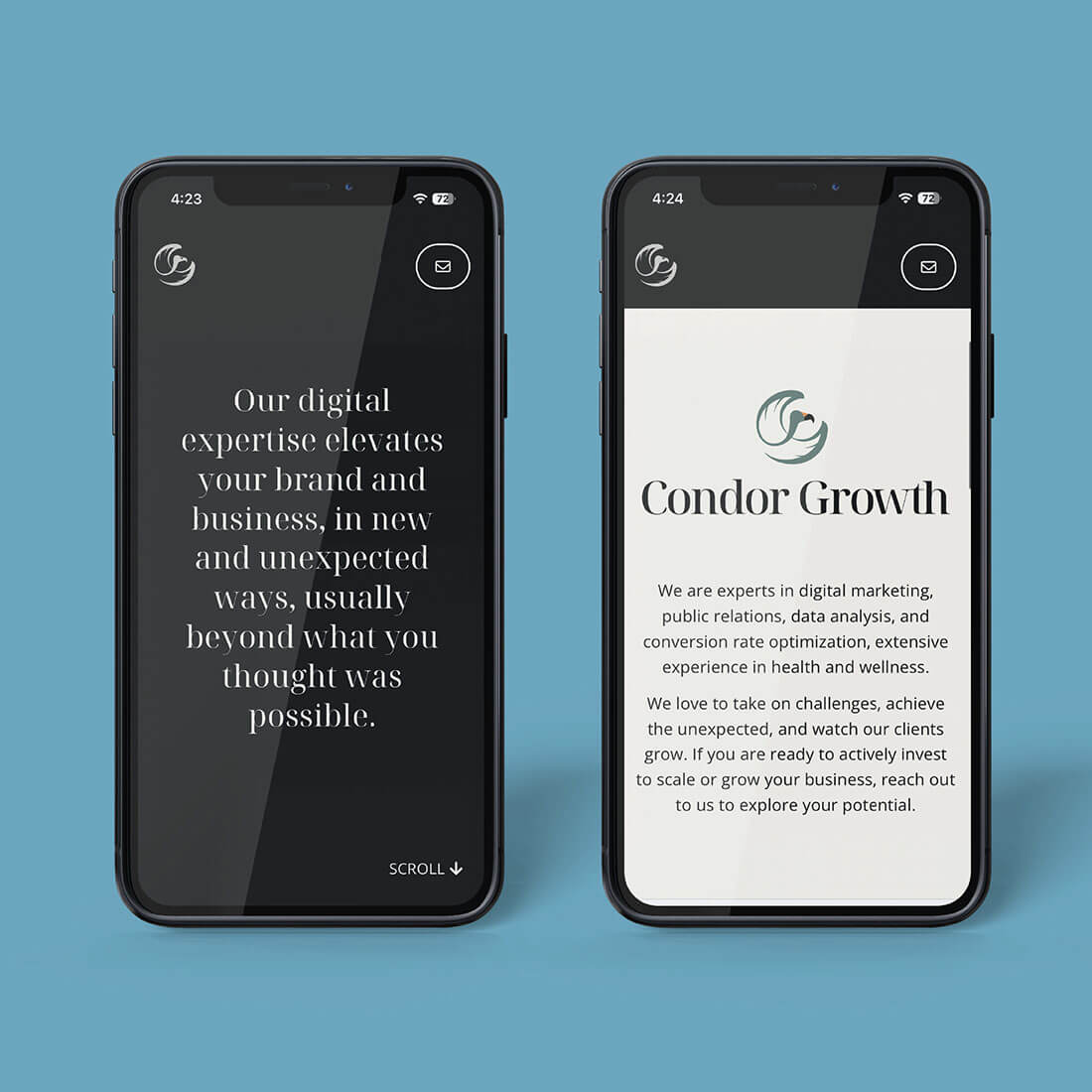 Two smartphones on a blue background display content from Condor Growth’s website.