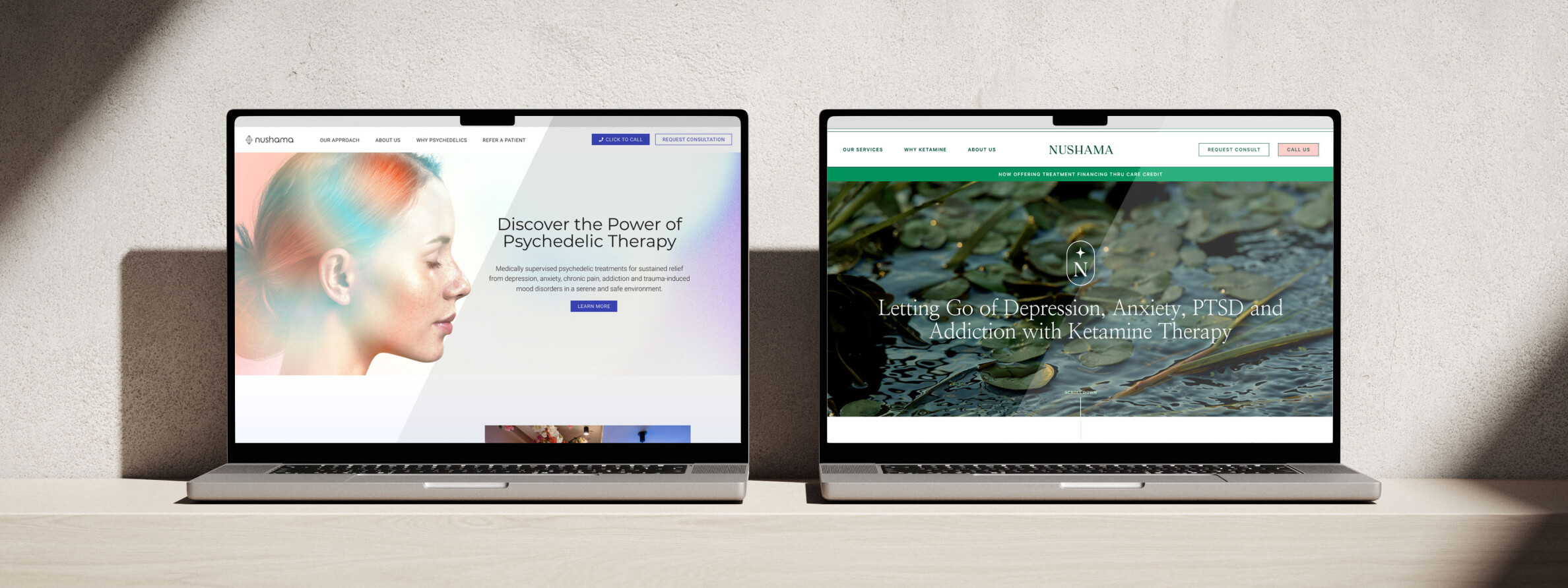 Two laptops on a light wooden table display, with two different websites for Nushama.