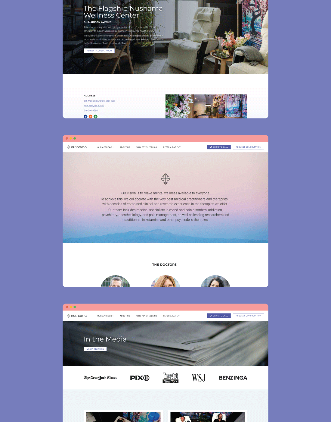 Website interface for Nushama Wellness Center, featuring services, team, and media coverage on a purple background.
