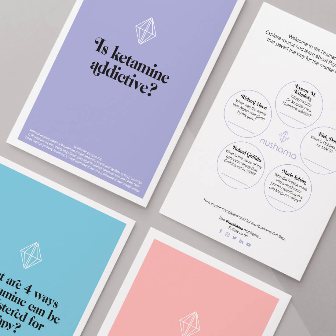 Four colorful informational cards for Nushama about ketamine and its use in therapy, featuring questions and contributors’ names related to mental health.