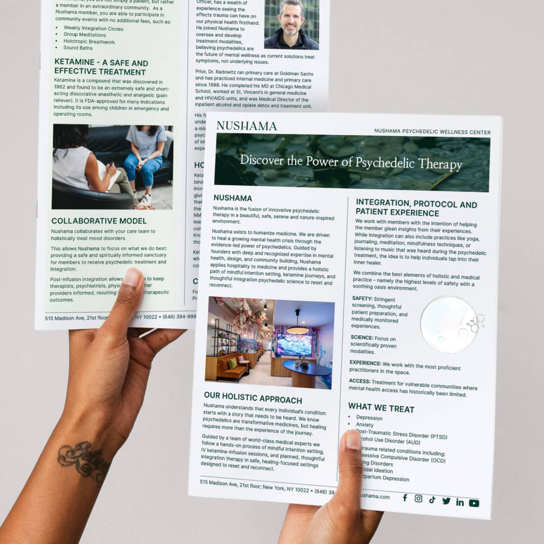 Two hands hold brochures for Nushama, detailing treatment approaches and patient experiences.