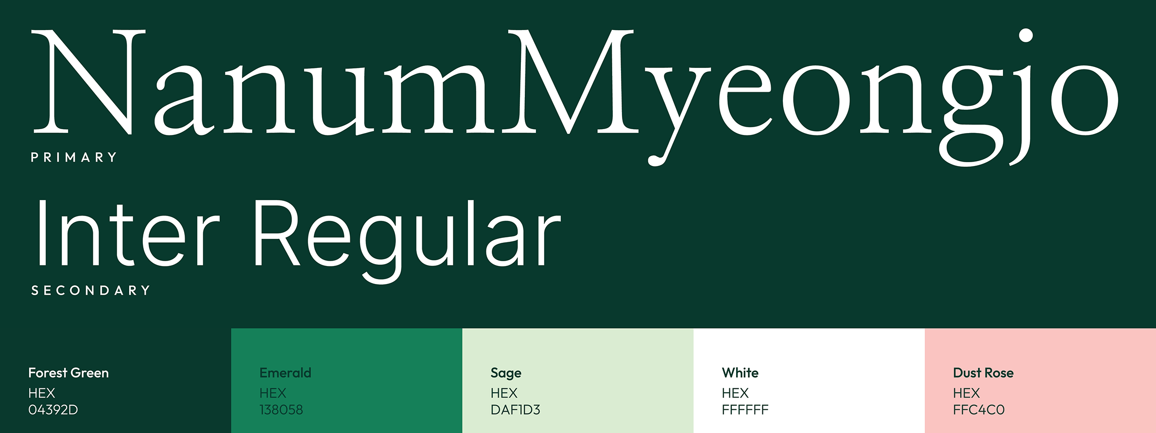 Design layout featuring "Nanum Myeongjo" and "Inter Regular" fonts with a color palette: Forest Green, Emerald, Sage, White, and Dust Rose.