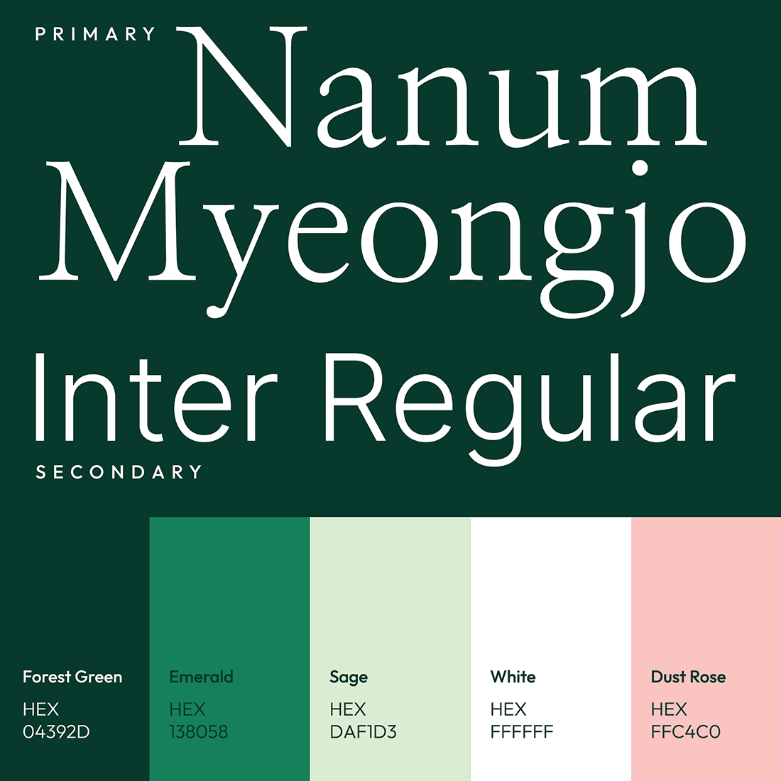 Design layout featuring "Nanum Myeongjo" and "Inter Regular" fonts with a color palette: Forest Green, Emerald, Sage, White, and Dust Rose.