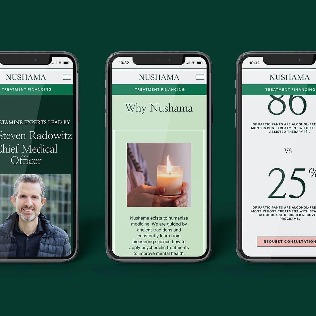 Three smartphones display Nushama's website, showcasing treatment financing, expert information, and statistics on post-treatment success.