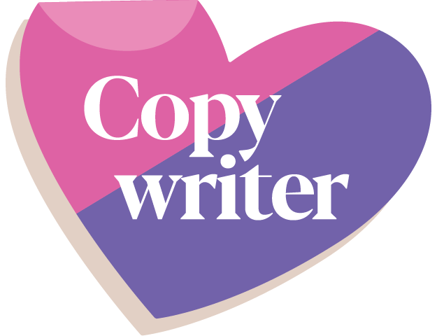 Pink and purple heart graphic with the text "Copy writer" in bold white font.