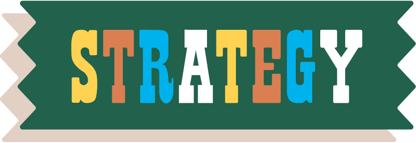 Colorful text spelling "strategy" in uppercase on a green banner background, with playful typography in yellow, blue, brown, and white.