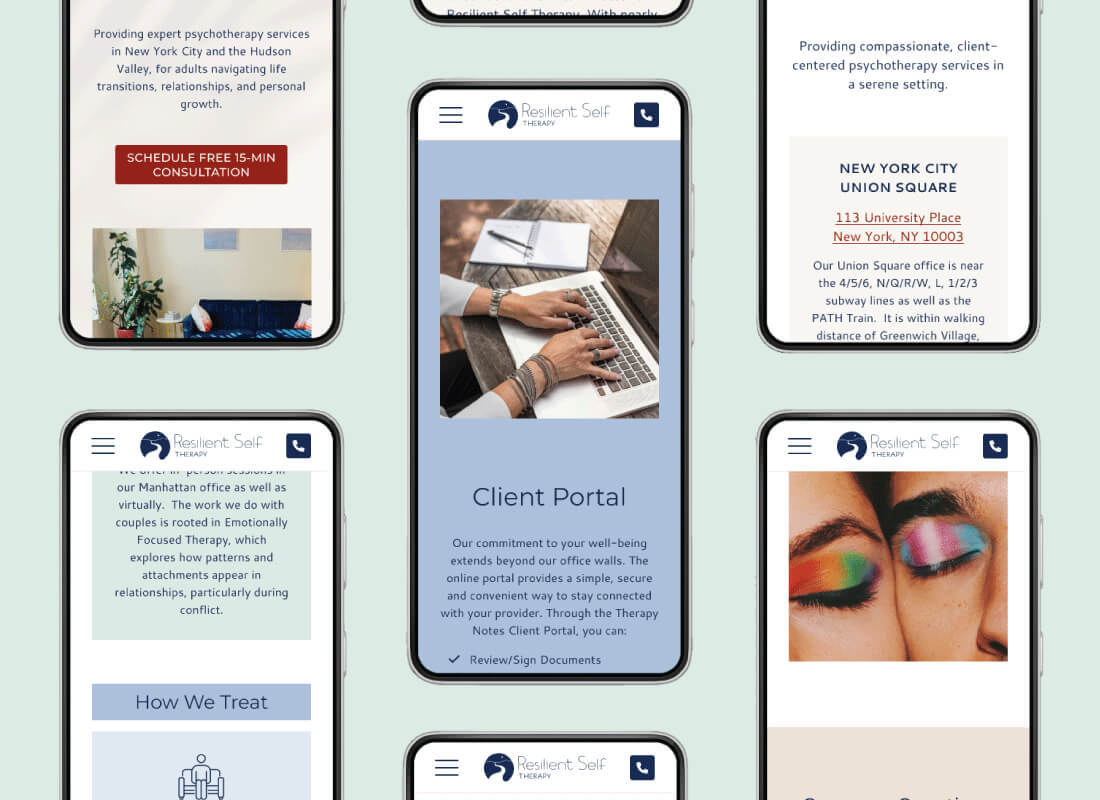 Multiple smartphones displaying the Resilient Self Therapy website, showcasing services, client portal, and colorful imagery promoting mental health.