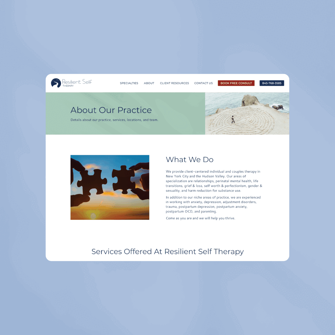 Rotating slides of screenshots for Resilient Self Therapy’s website, detailing services offered, specializing in mental health and relationship counseling.