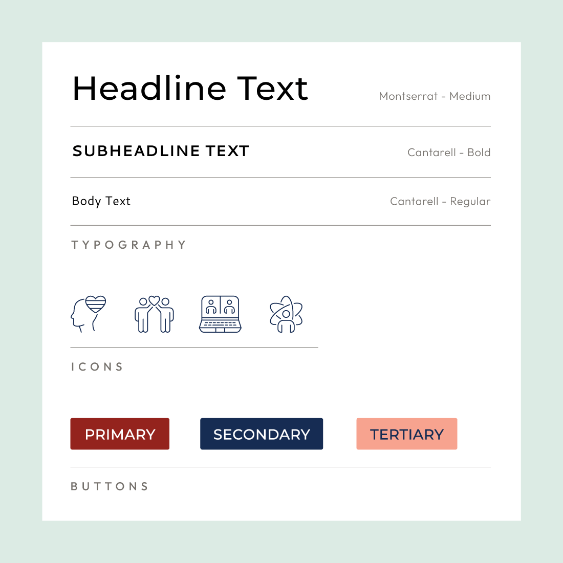 A design layout showcasing typography, icons, and button styles for Resilient Self Therapy, featuring headline and body text options with corresponding fonts.