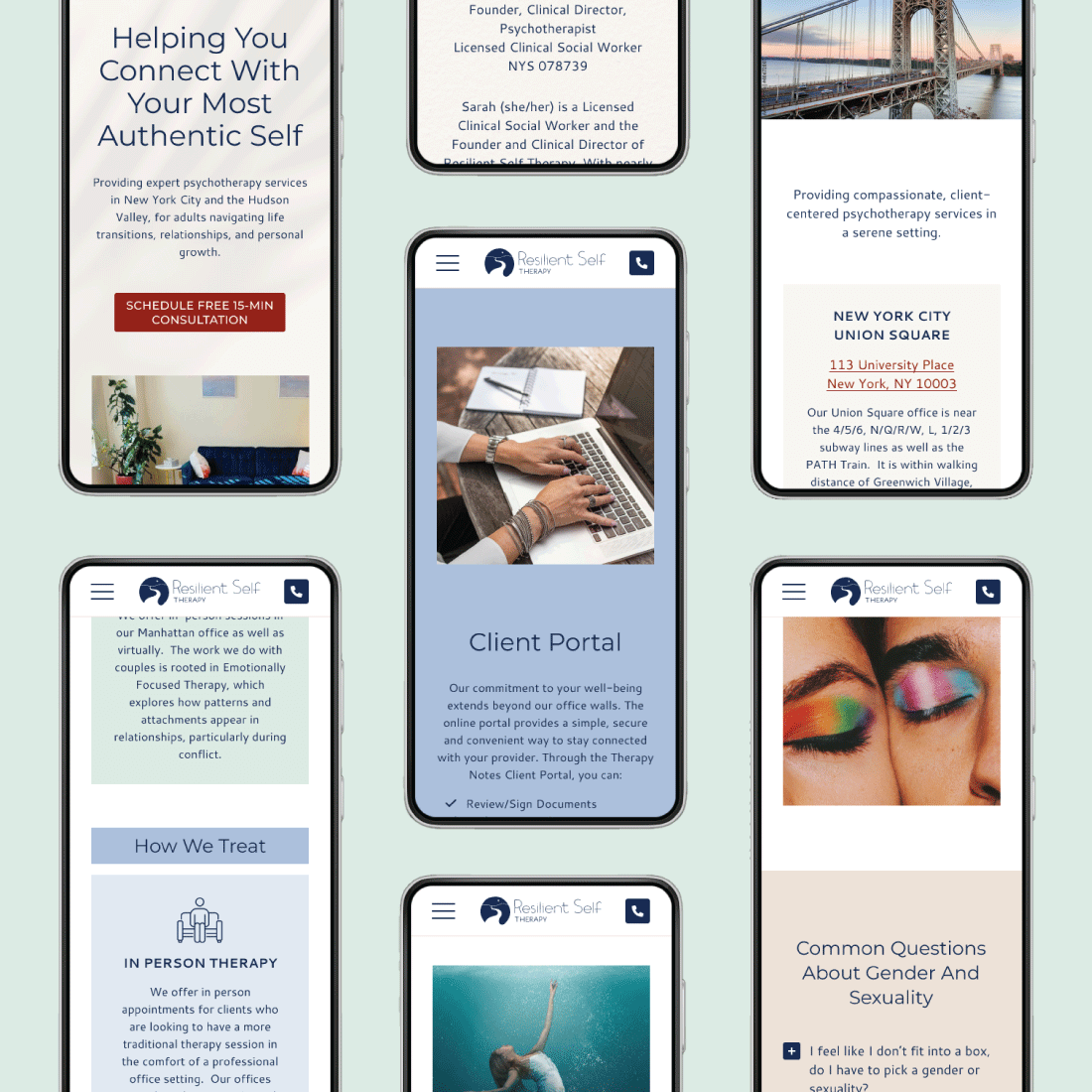 Multiple smartphones displaying the Resilient Self Therapy website, showcasing services, client portal, and colorful imagery promoting mental health.