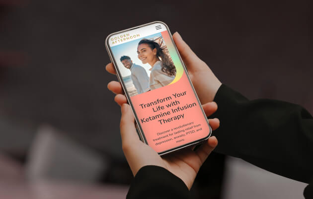 A person holds a smartphone displaying a webpage about a business's website, set against a dark, modern background.