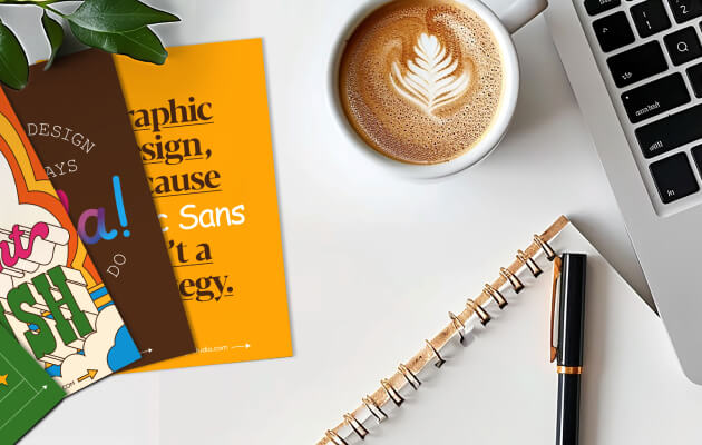 A set of postcards for Lucuma Design Studio, a laptop, a cup of coffee, and a notebook are arranged neatly on a wooden table.