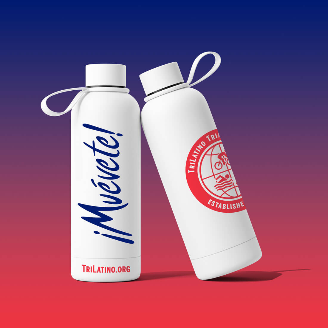 Two white water bottles with ¡Muevete!" and Trilatino icon, on a red and blue gradient background.