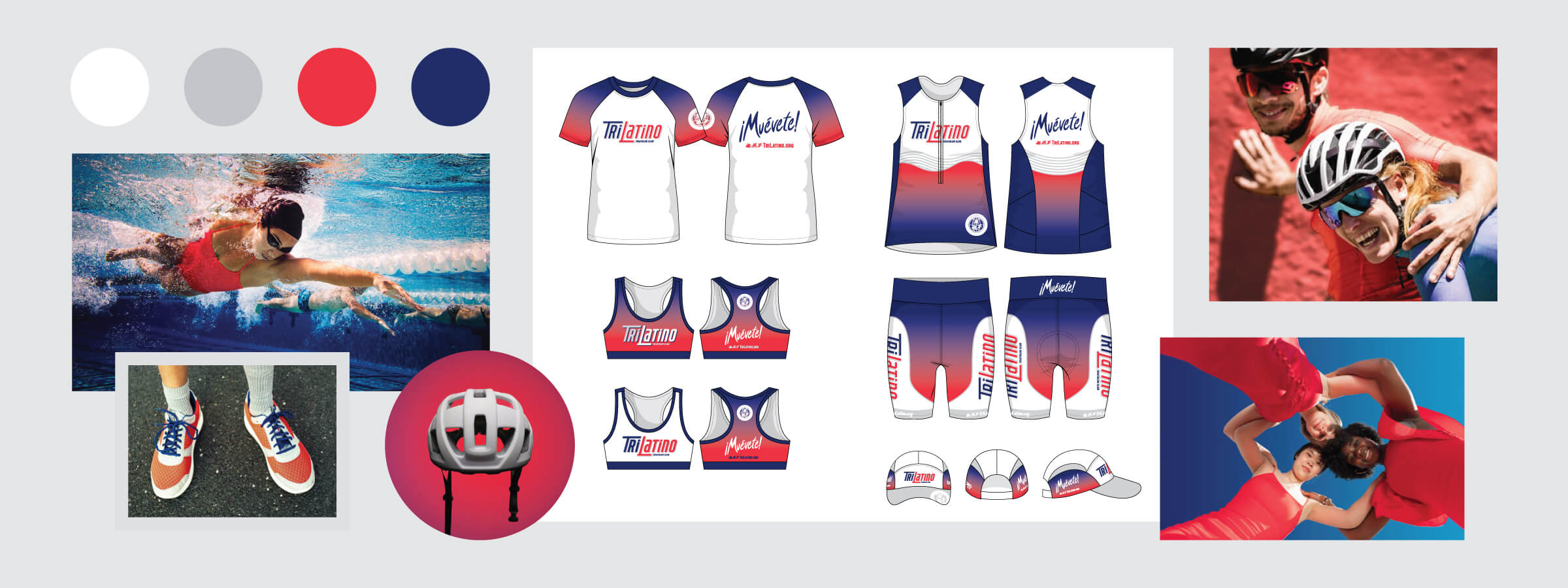 Collage of Trilatino Triathlon Club’s sportswear designs in red, white, and blue, featuring swim, cycling, and running lifestyle images and accessories, on a grey background.