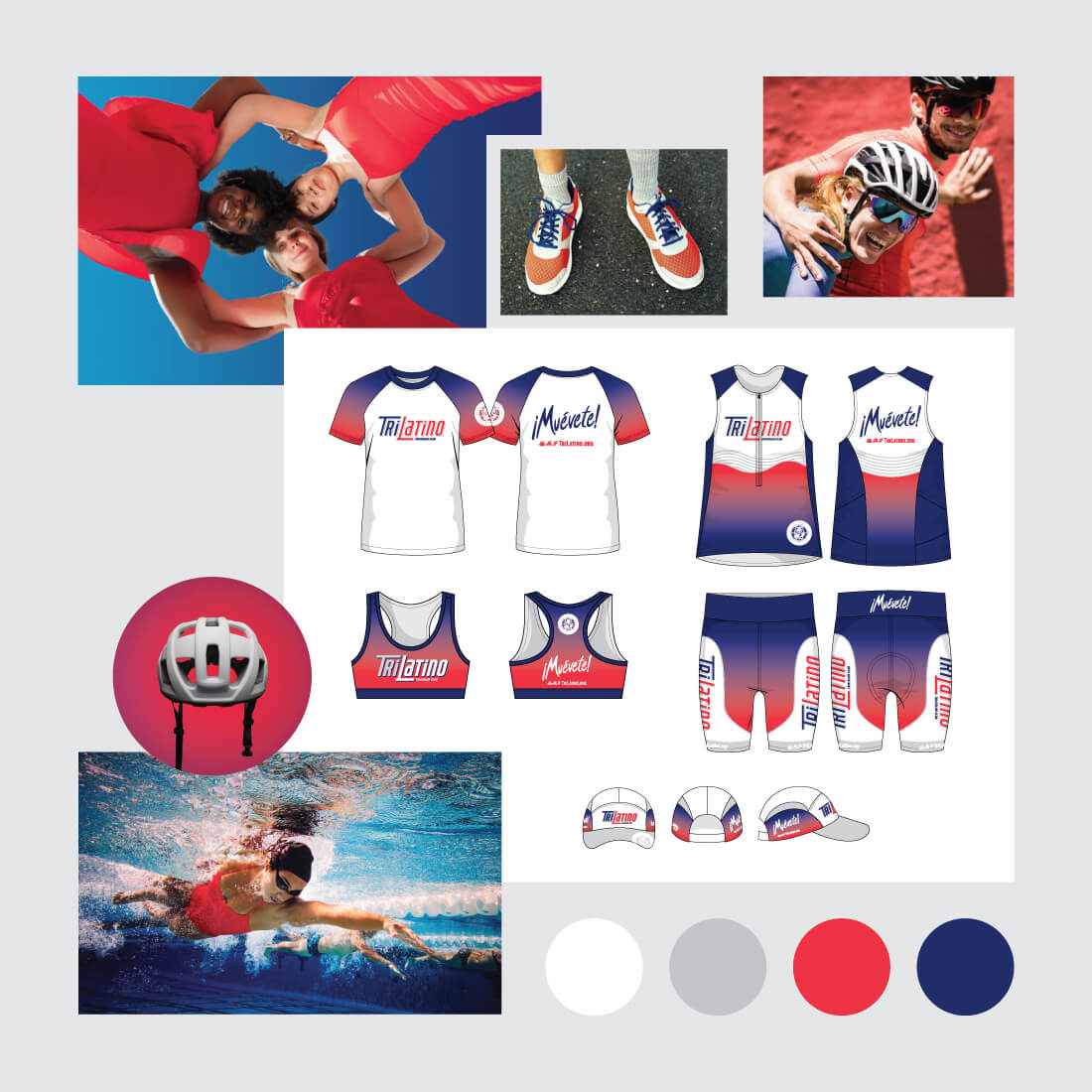Collage of Trilatino Triathlon Club’s sportswear designs in red, white, and blue, featuring swim, cycling, and running lifestyle images and accessories, on a grey background.