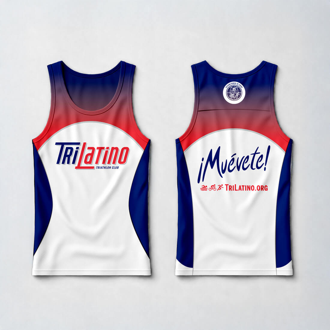 A sleeveless triathlon tank top with a red, white, and blue design featuring "TriLatino" and "¡Muévete!" text on the back, on a grey background.