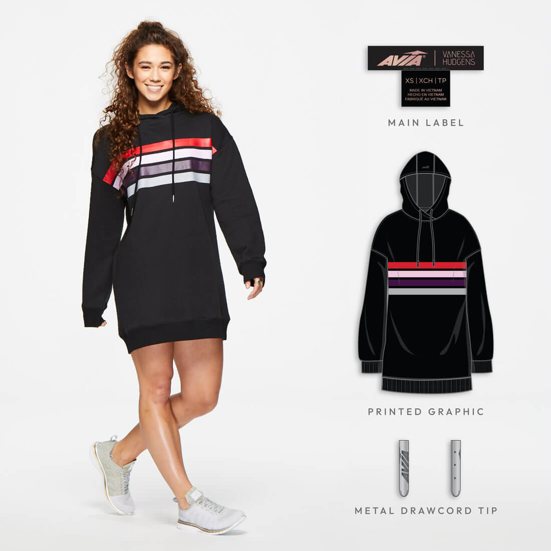 A model showcases a black oversized hoodie dress with colorful horizontal stripes, paired with gray sneakers. To the right of the model are close ups of "Vanessa Hudgens Collection" interior branded label, hoodie and drawcord tips.