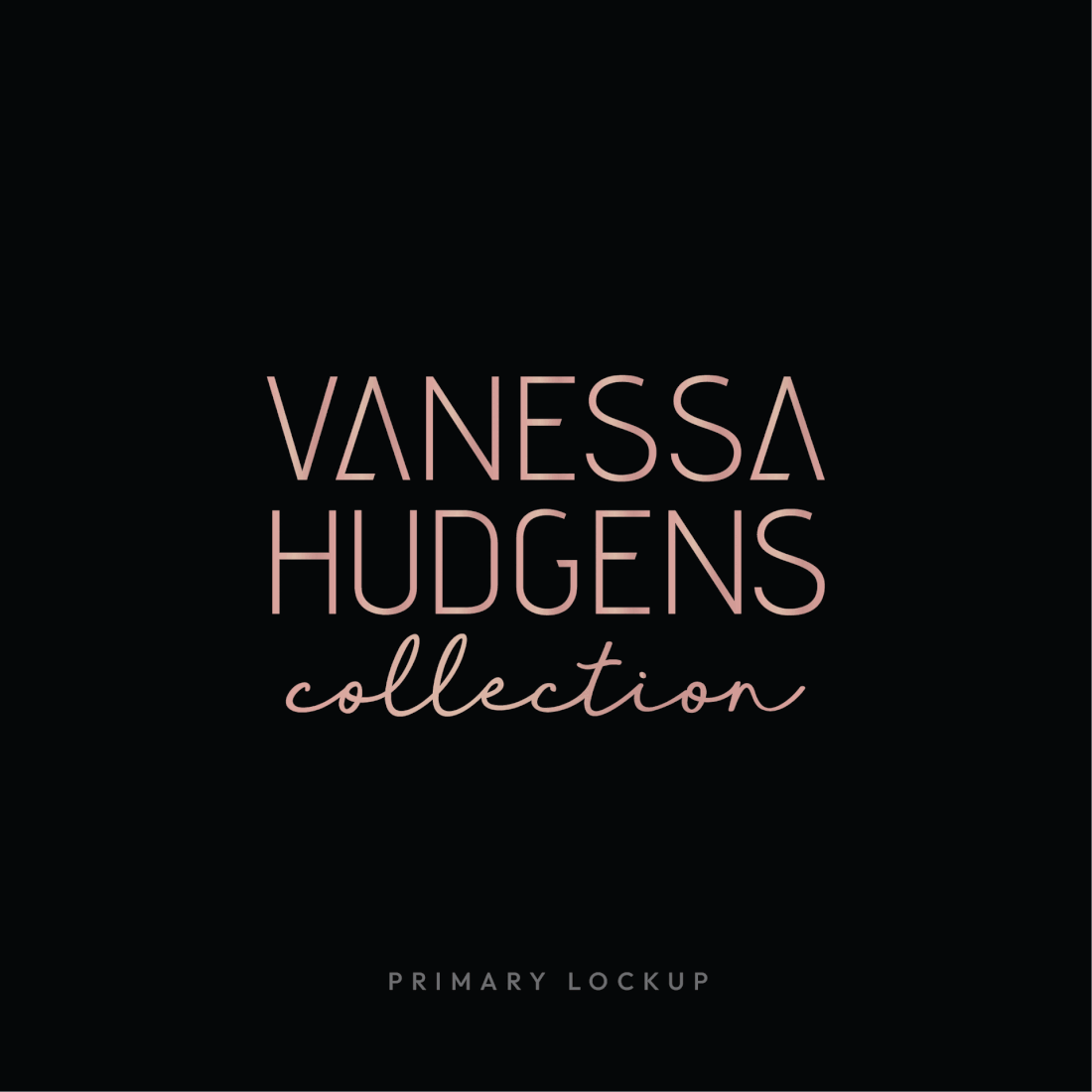 Animation slides featuring two logo designs, main logo for "Vanessa Hudgens Collection", and Avia lockup with the main logo, both in elegant pink on a black background.