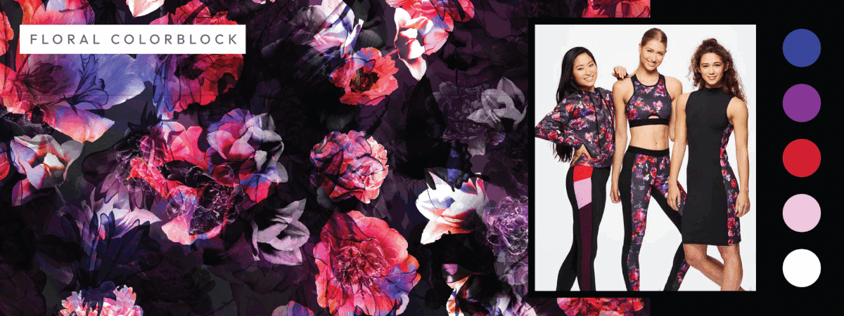 Three slides showing a vibrant floral, a paisley and a snake skin pattern that serve as a background for models showcasing these colorful activewear designs in various styles and cuts.