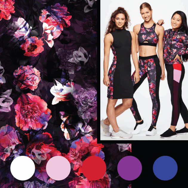 Three slides showing a vibrant floral, a paisley and a snake skin pattern that serve as a background for models showcasing these colorful activewear designs in various styles and cuts.