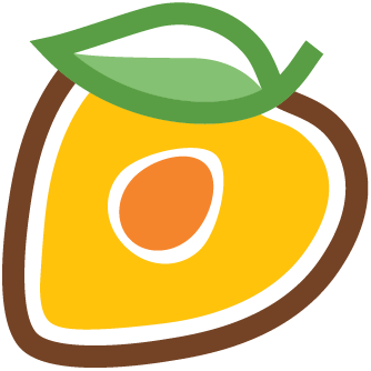 Illustration of a sliced fruit with a yellow interior, orange seed, and green leaf on top, resembling an abstract of lucuma, a Peruvian fruit.