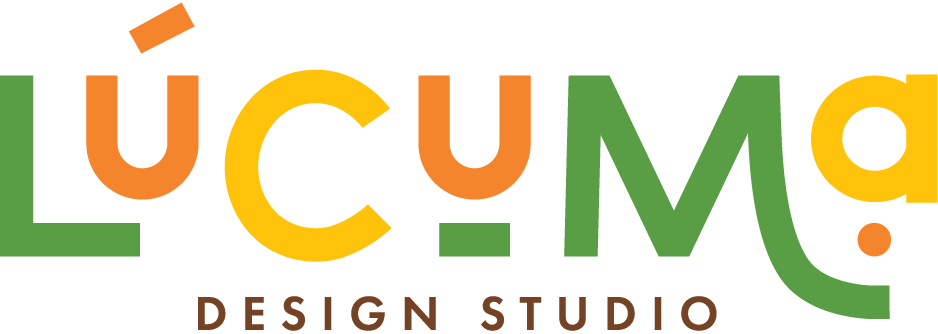 Colorful logo spelling "lucuma" in with vibrant orange, yellow, and green upper case letters, with “design studio” in brown color below it.