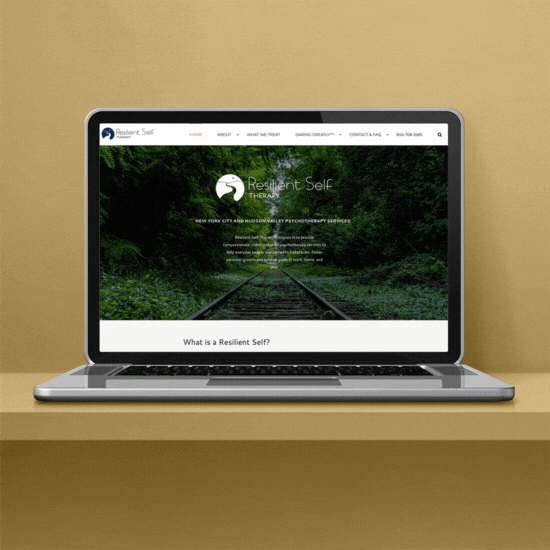 Laptop sitting on a shelf, displaying before and after websites.